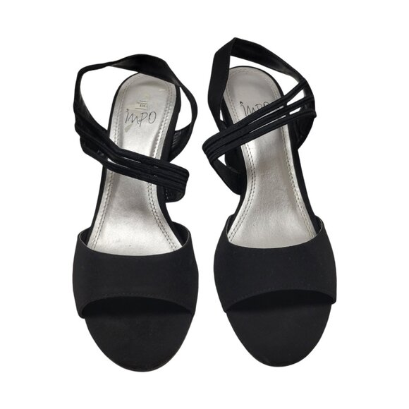 IMPO Woman's BLACK Strappy Heels Wedge Slip Slide On Dress Shoes size 7 Med - Picture 2 of 6